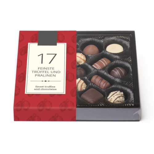 200g Pralinen und Trüffel in einer Klarsichtpackung mit Banderole