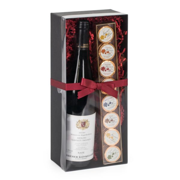 Präsentbox mit trockenem Weißwein und Chocolate for Wine Dublonen