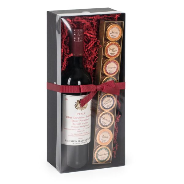 Präsentbox mit trockenem Rowein und Golddublonen