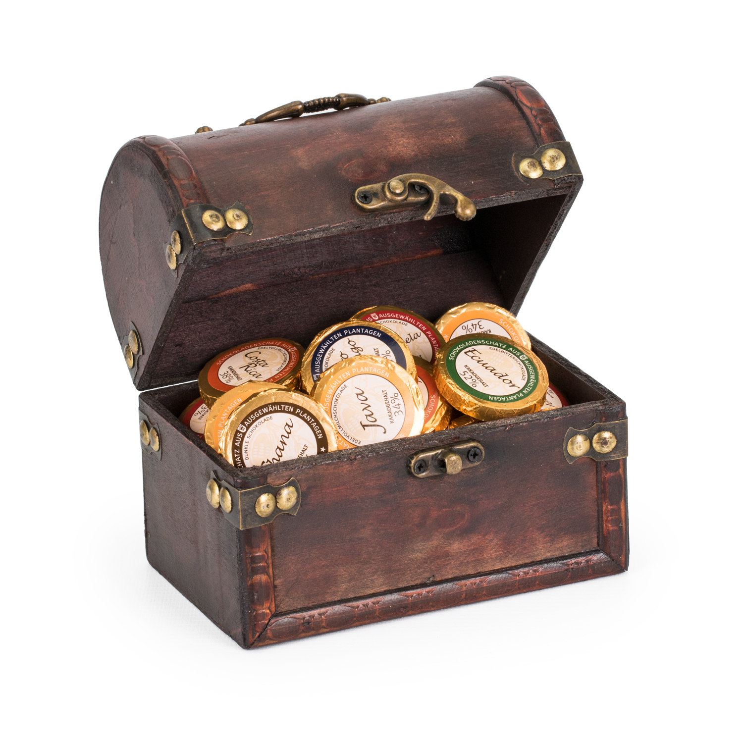 Schatztruhe aus Holz mit 36 Golddublonen - DreiMeister Spezialitäten