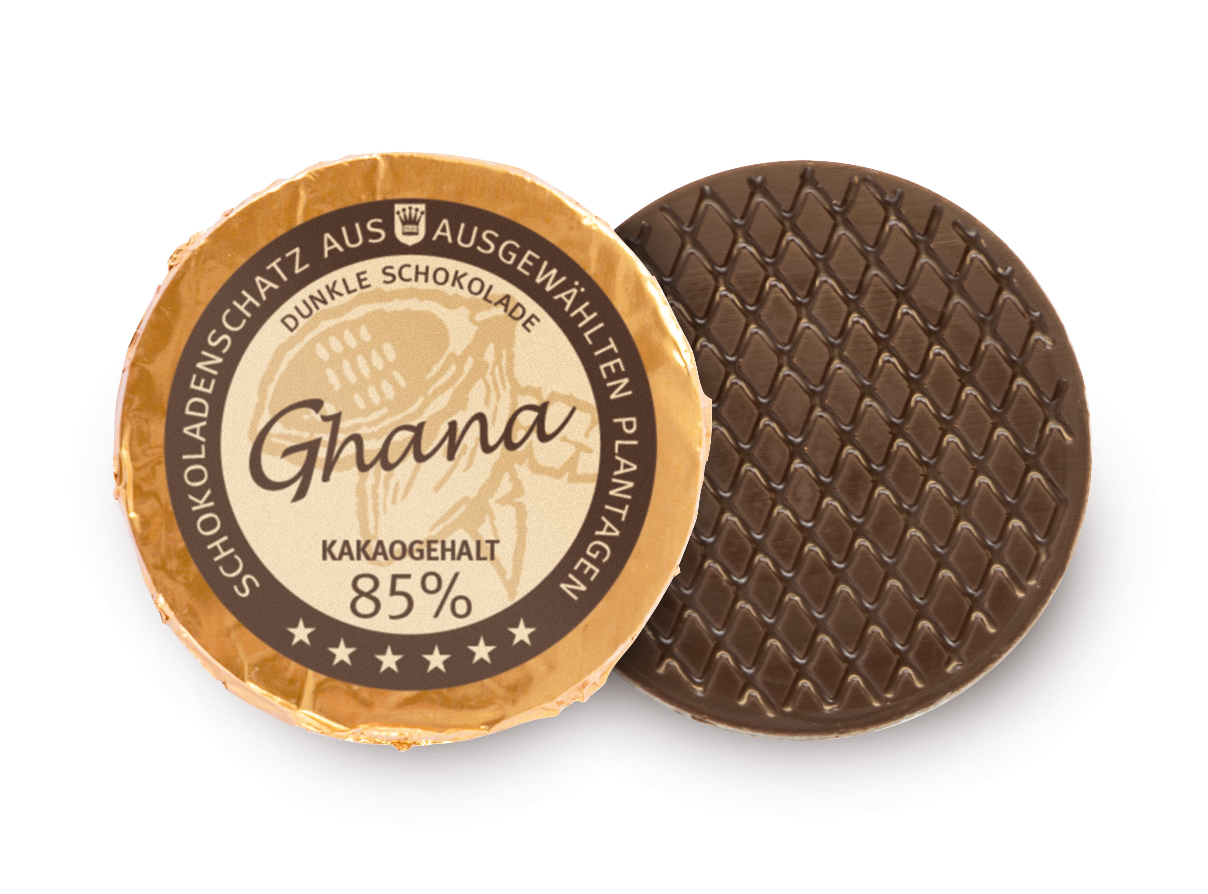 Golddublone aus Ghana-Schokolade mit 85 % Kakaogehalt