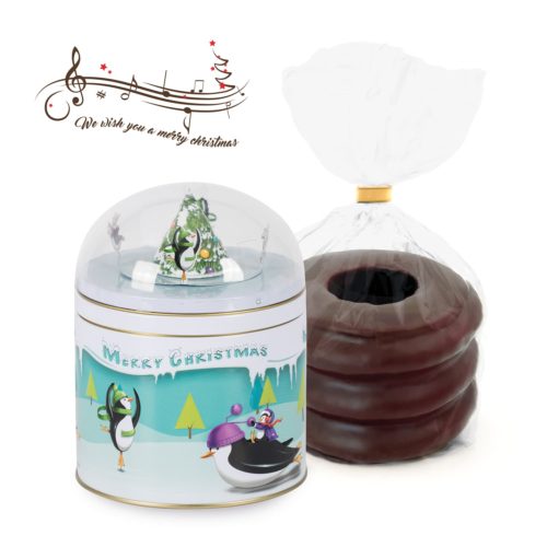 Pinguin-Spieldose mit Baumkuchen in Zartbitter