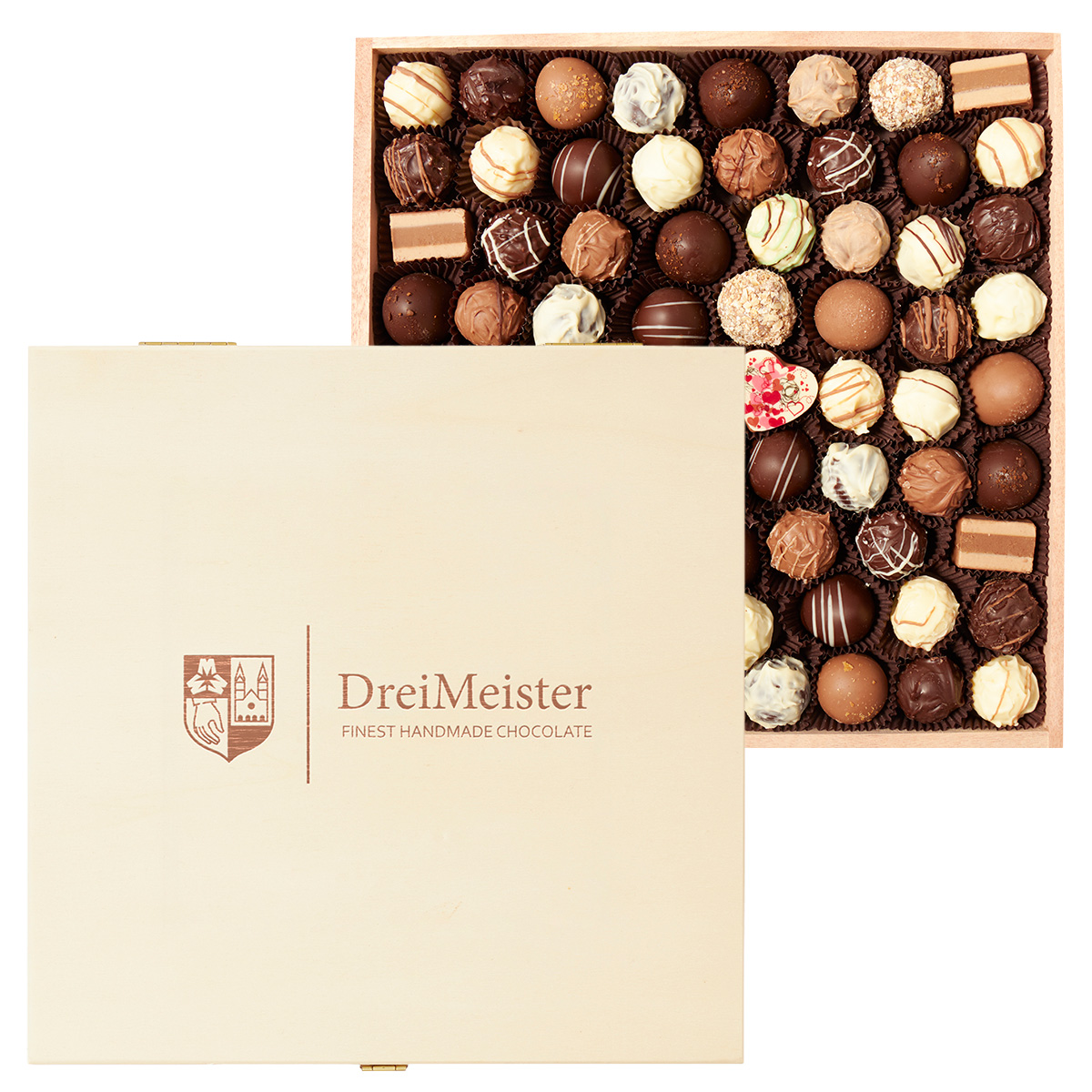 Riesen "DreiMeister" Holzkiste mit 1 kg Pralinen- und Trüffelmischung