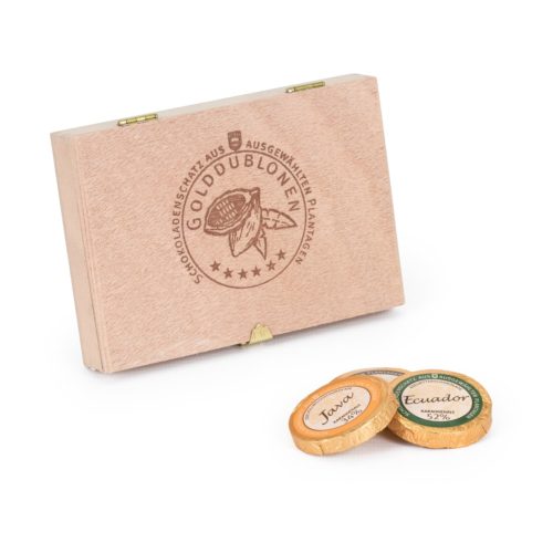 Holzkiste mit Branding, 12 Golddublonen
