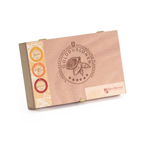 Holzkiste mit Branding, 45 Golddublonen mit 3 Sorten Vollmilch