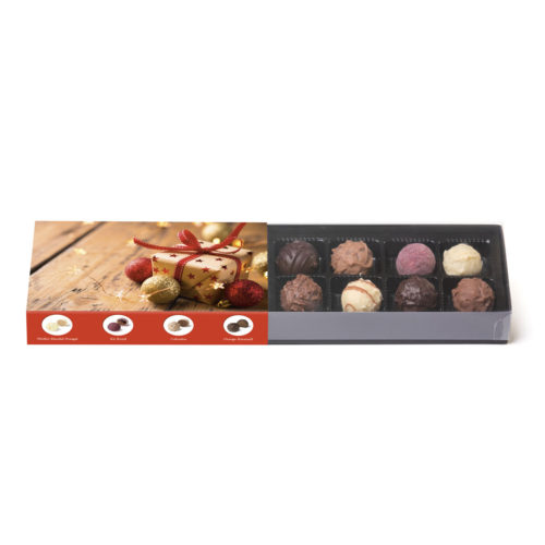 200g Trüffelmischung in einer Klarsichtpackung mit weihnachtlicher Banderole