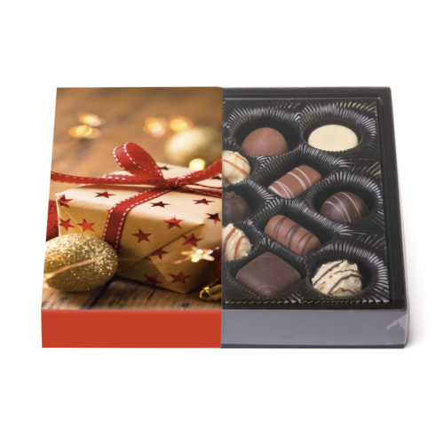200g Trüffelmischung in einer Klarsichtpackung mit weihnachtlicher Banderole