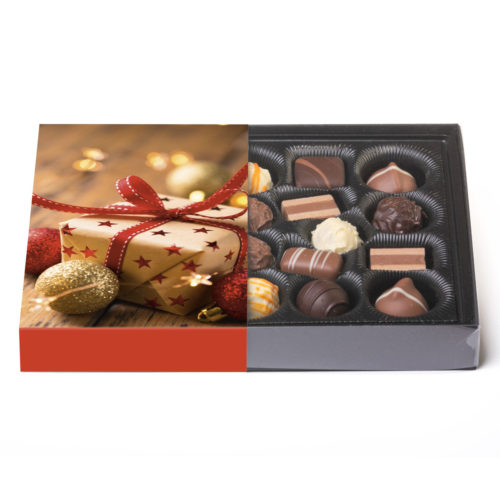 250g Trüffelmischung in einer Klarsichtpackung mit weihnachtlicher Banderole