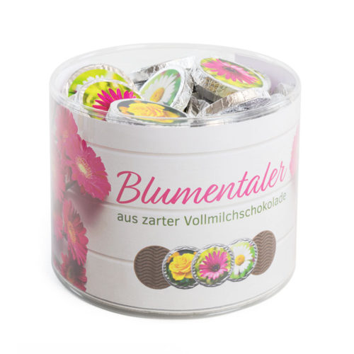 60 Vollmilchtaler in einer Klarsichttose mit Blumenmotiv