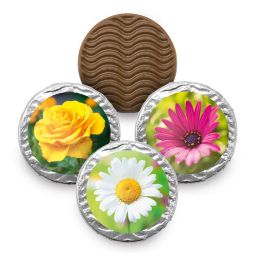 Vollmilchtaler aus zarter Schokolade mit 3 Blumenmotiven