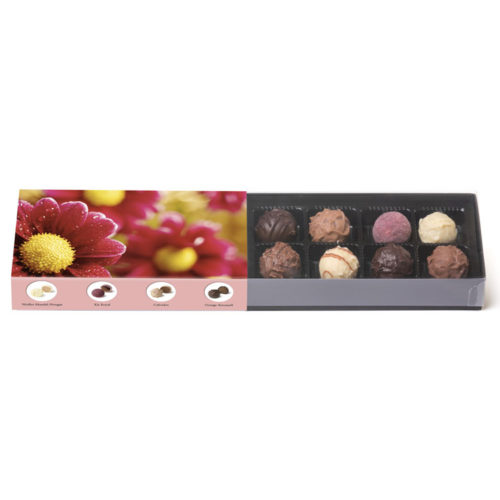 200g feinste Trüffel in einer Klarsichtpackung mit blumigen Banderole
