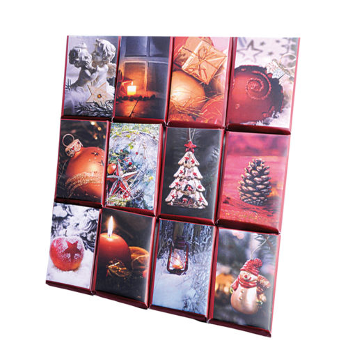 Klarsichtbox mit 24 weihnachtlichen Vollmilch-Täfelchen