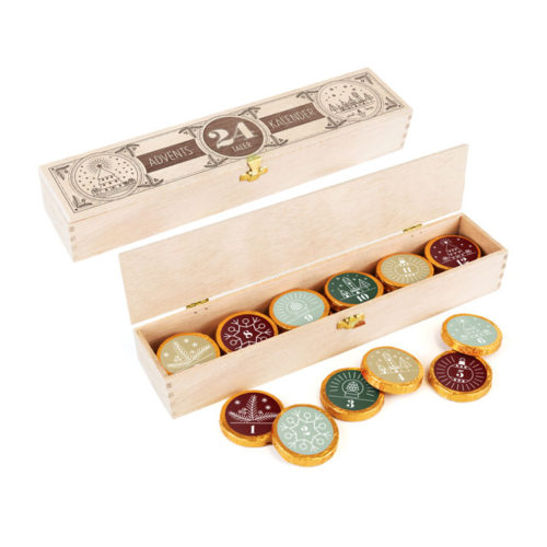 Adventskalender in Holzkiste mit Prägedruck