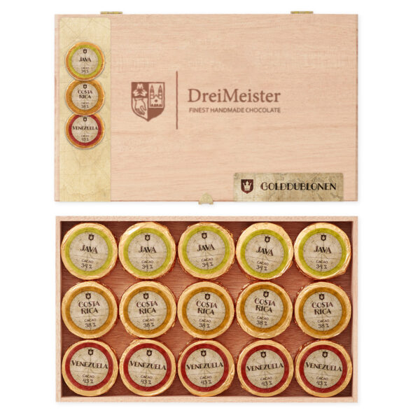 45er Holzkiste mit Golddublonen Vollmilch